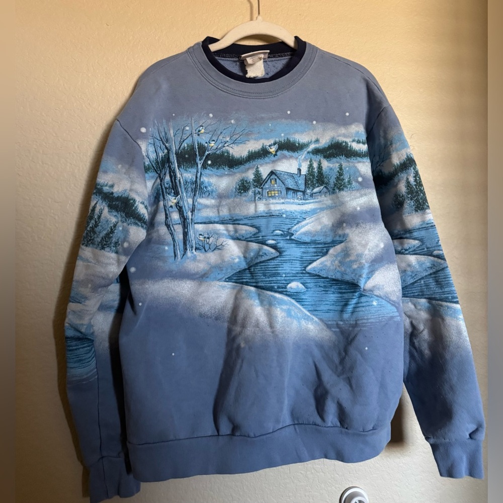 Vintage 90s Winter Wonderland Nature Snow Scene Sweater Sz M Blue All Over Print